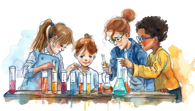 Cartoon of a teacher and children conducting a science experiment, highlighting educational science activities,watercolor