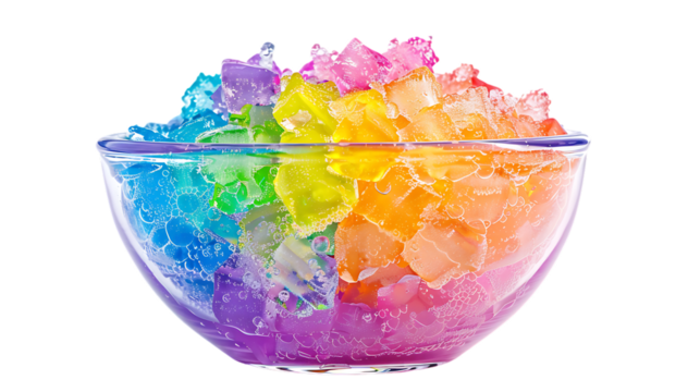 Rainbow shaving ice in glass dessert bowl isolated on transparent background - Powered by Adobe