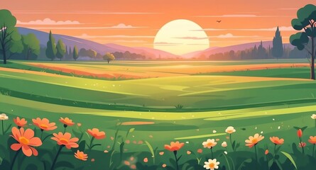 green field with blooming flowers sunset landscape flat cartoon style illustration design background copy space backdrop