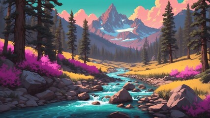rocky mountain stream retro neon