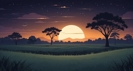 Obraz premium savannah field at night time landscape flat cartoon style illustration design background copy space backdrop