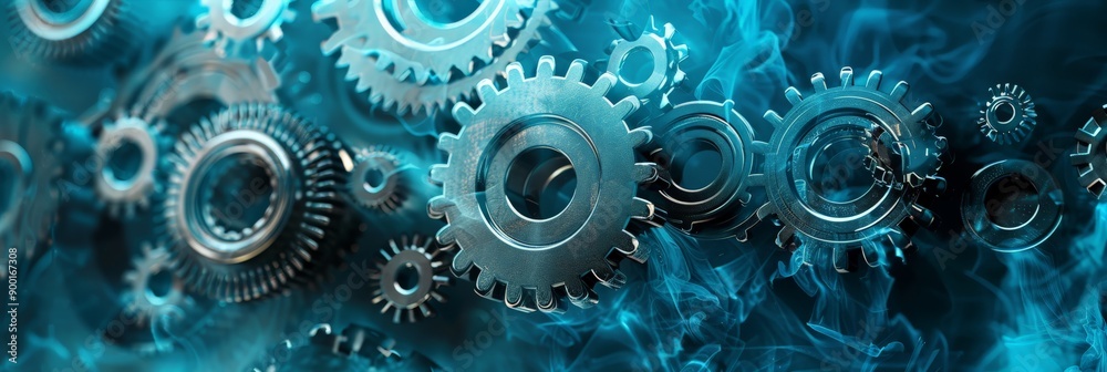 Poster array of blue metallic gears surrounded by smoke and light effects. ideal for engineering, industria