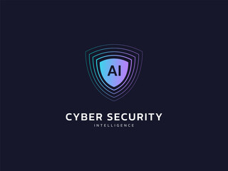 Cyber security intelligence data protection shield with AI lines technology analysis vector logo design concept. Artificial intelligence shield logotype symbol for advance technology, identity, ui.