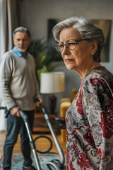 Obraz premium A senior couple arguing in the living room, with the woman looking upset and the man holding a vacuum cleaner.