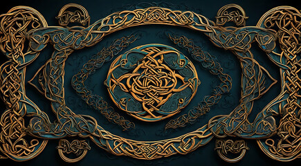 A complex digital illustration of a Celtic knot, representing eternity and interconnectedness, with intricate patterns and traditional motifs, with space for text.