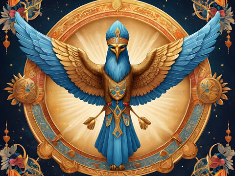 A majestic digital illustration of the Zoroastrian Faravahar, symbolizing good thoughts, good words, and good deeds, with intricate details and vibrant colors, with space for text.