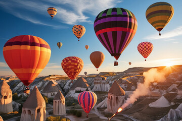 Obraz premium Vibrant hot air balloons in Cappadocia's surreal landscape, with fairy chimneys and a golden sunrise