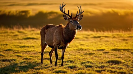 Fototapeta premium Majestic Deer in Golden Sunset Light in a Scenic Field - Peaceful Wildlife Photograph