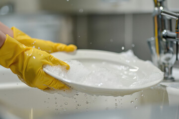 washing white plate in the kitchen sink
