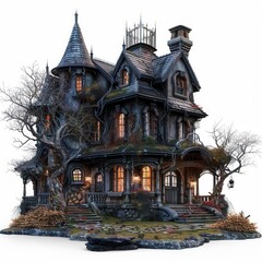 Obraz premium Spooky haunted mansion on solid white background, single object