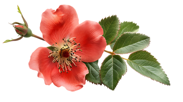 Rosehip flower with leaf isolated on transparent background 
