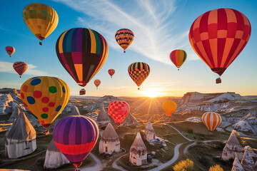 Fototapeta premium Vibrant hot air balloons in Cappadocia's surreal landscape, with fairy chimneys and a golden sunrise