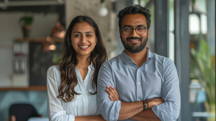 two indian standing leaning against each other in a modern office