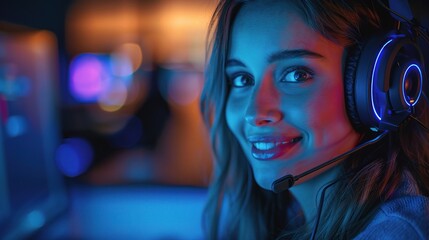 Gamer Girl with Headphones, smiling and looking at the camera in a neon lit room.  