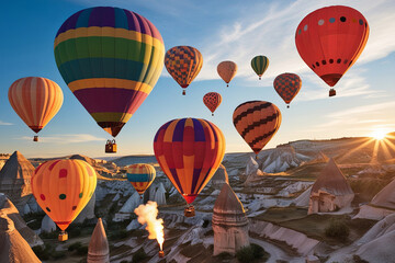 Obraz premium Vibrant hot air balloons in Cappadocia's surreal landscape, with fairy chimneys and a golden sunrise