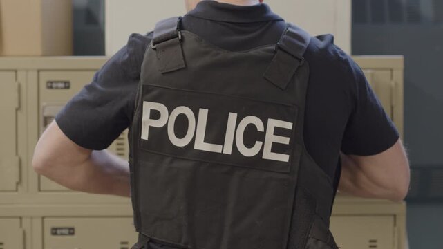 Police officer strapping on vest close up