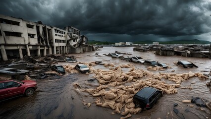 A flooded city with a lot of cars and a building in the background