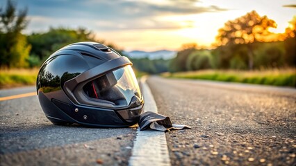 Fototapeta premium The Role of Safety Gear Highlighted by a Fallen Motorcycle Helmet