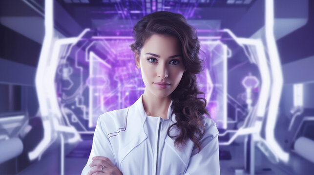 woman scientist in a futuristic lab, in the style of light white and light purple