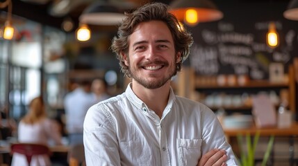 Fototapeta premium Confident Cafe Owner: A portrait of a handsome, smiling man in a white shirt, radiating confidence and positivity as he stands in a cafe. 