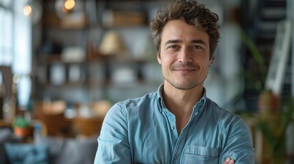 Obraz premium Confident and Composed: A young man with a charming smile and a confident demeanor, radiating warmth and approachability. He stands in a casual, relaxed posture