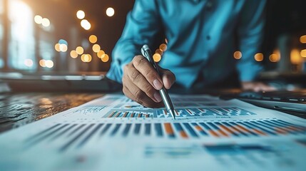 Naklejka premium Analyzing the Data: A close-up shot of a businessman's hand, meticulously analyzing financial data with a pen.
