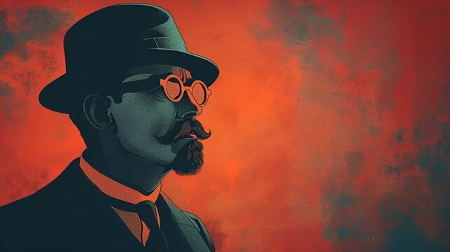 A stylized portrait of a man with a mustache and beard, wearing a bowler hat and round glasses, set against a textured orange and red background, exuding a vintage and mysterious vibe.