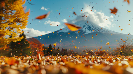 Autumn Equinox Day, colorful leaves falling in the park, majestic Mount Fuji with snow-capped peaks in the background, Ai Generated Images