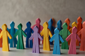 Inclusivity concept with paper human figures holding hands, symbolizing unity and diversity in an inclusive group.