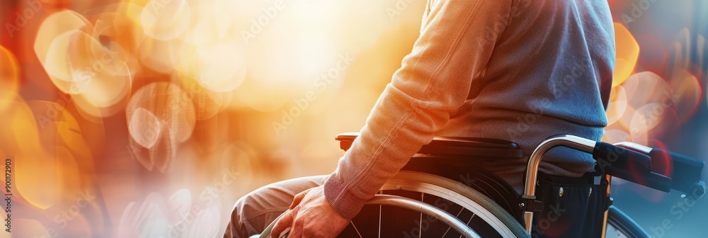 Poster Close-up of a person in a wheelchair with a bokeh background. Highlighting accessibility and inclusivity.