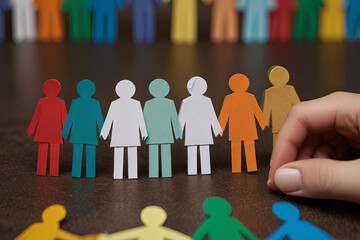 Inclusivity concept with paper human figures holding hands, symbolizing unity and diversity in an inclusive group.