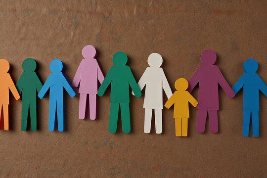 Inclusivity concept with paper human figures holding hands, symbolizing unity and diversity in an inclusive group.