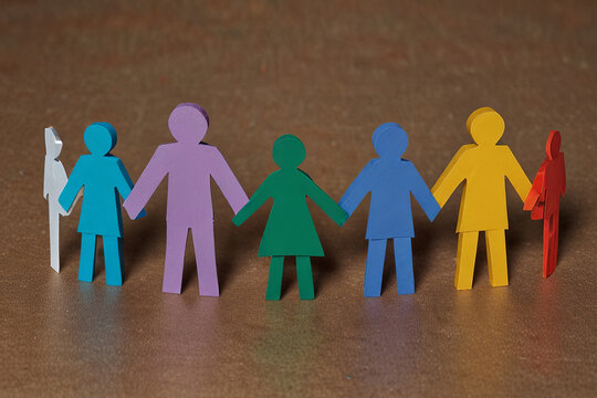 Inclusivity concept with paper human figures holding hands, symbolizing unity and diversity in an inclusive group.