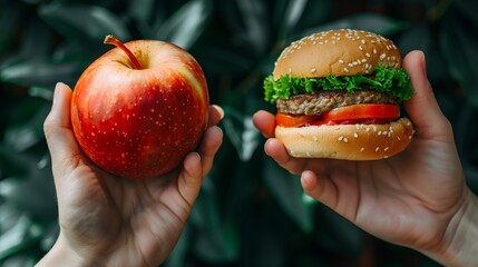 A person making a choice between a healthy apple and a junk food hamburger, highlighting the contrast between nutritious and unhealthy eating habits.