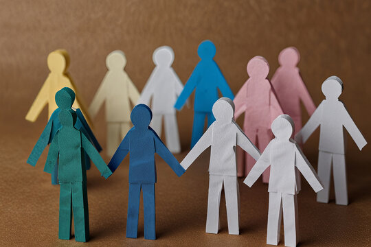 Inclusivity concept with paper human figures holding hands, symbolizing unity and diversity in an inclusive group.