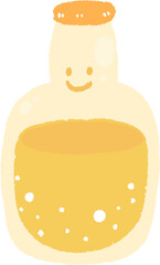 A simple illustration of a cartoon potion bottle. The bottle is yellow and has a brown cap. The bottle is smiling and has a few bubbles rising from the liquid inside.