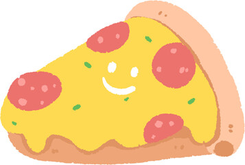 A simple illustration of a smiling pizza slice with pepperoni and green olives.