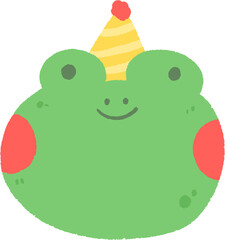 A cute frog wearing a yellow and red striped party hat.
