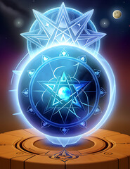 A detailed digital illustration of the Wiccan pentacle, symbolizing earth, air, fire, water, and spirit, with intricate designs and mystical elements, with space for text.