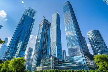 Fototapeta premium Skyscrapers Reaching into a Bright Blue Sky with White Clouds on a Sunny Day