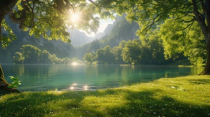 Fototapeta premium Beautiful morning at the lake in the mountains Nature background