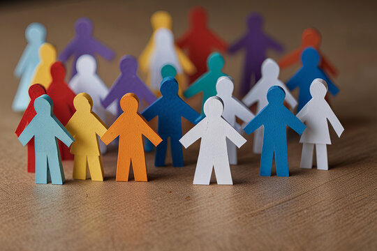 Inclusivity concept with paper human figures holding hands, symbolizing unity and diversity in an inclusive group.