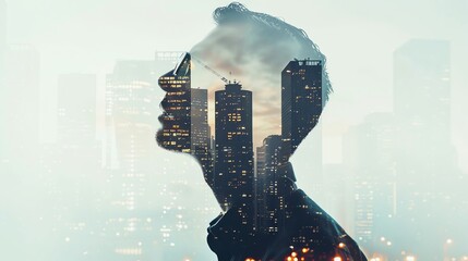 Double exposure of a man with city buildings