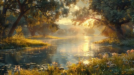 Obraz premium Sunset on the river in a summer park Landscape nature background