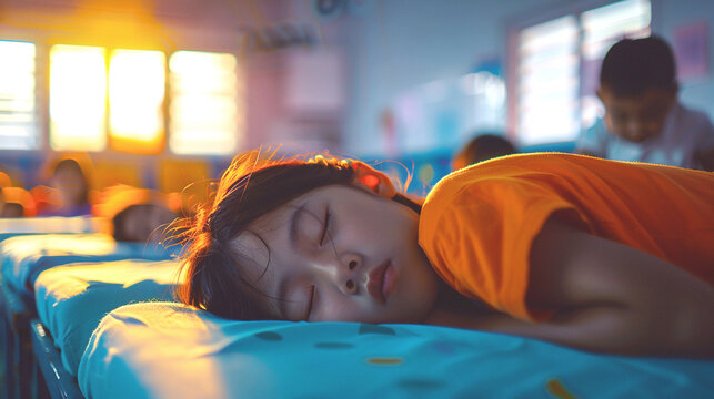 An Asian child, a girl in a children's home or holiday camp or orphanage or social institution, sleeps on a mattress in bed with many other children around