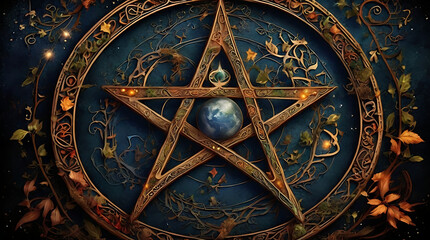 A detailed digital illustration of the Wiccan pentacle, symbolizing earth, air, fire, water, and spirit, with intricate designs and mystical elements, with space for text.