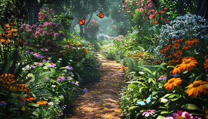 Enchanting garden path surrounded by colorful flowers and butterflies