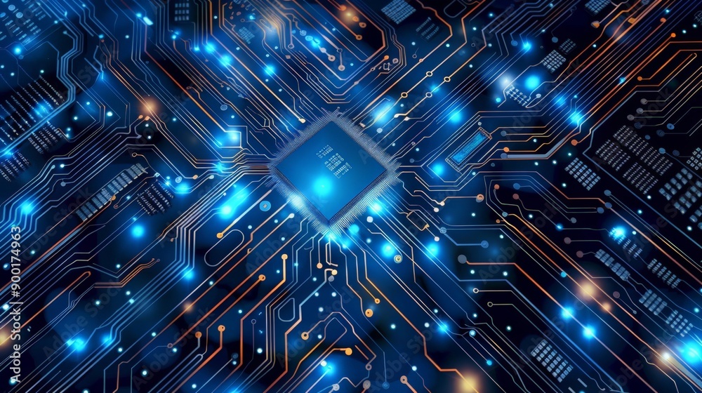 Poster High-tech microchip on motherboard with illuminated pathways and nodes. Digital age and innovation.