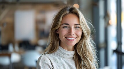 Radiant Confidence: A young businesswoman with a warm smile exudes confidence in a modern office setting.