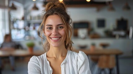 Fototapeta premium Confident Woman Smiling in Cafe: A portrait of a beautiful woman with a warm, genuine smile, radiating confidence and optimism in a cozy cafe setting. 